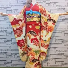 正絹振袖 駒刺繍 松竹梅 鶴 金彩 レトロ 振袖セット 振袖フルセット 赤 54