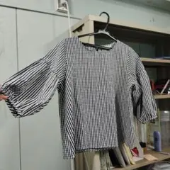 colzaギンガムチェック 五分袖シャツ　ブラウス　バルーンスリーブ