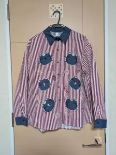 猫刺繍ストライプシャツ