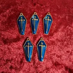 【金色×水色】金属エナメルチャーム5個セット　十字架　棺　アクセサリーパーツ