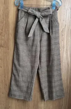 ブラウン系 グレンチェック　ワイドパンツ ウエストリボン付き　S