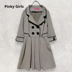 Pinky Girls 千鳥格子柄 ワンピース S ブラウン系七分袖 フレア