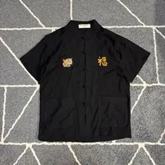 め0608着物リメイク正絹黒留袖江戸褄扇流四季花吉祥文アロハシャツ