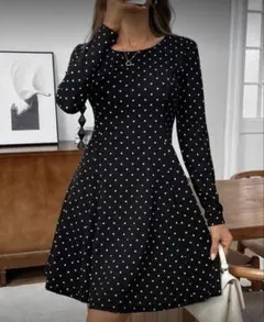 シーイン　ドット柄ブラック長袖Aラインワンピース　プラスサイズ3XL