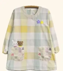保育士エプロン M〜L 長袖 チェック柄 うさぎ くま グリーン　【新品】