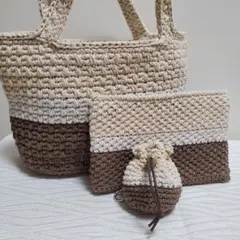 ハンドメイド 小さめバッグ 小物3点セット(ポーチ、ミニ巾着キーホルダー)