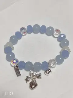 [レア商品]天然石　水色ビーズブレスレット リボンチャーム付き