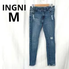 イング▶スキニーデニム M インディゴブルー 綿混細身 ダメージ 着回し◎ 定番のサムネイル