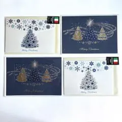 クリスマスカード　ツリー　青　白　４枚セット