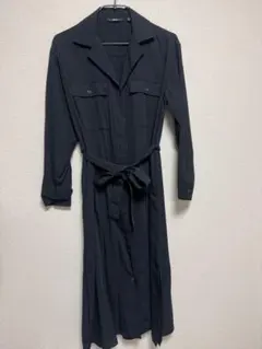 黒 長袖 シャツワンピース ウエストリボン付き