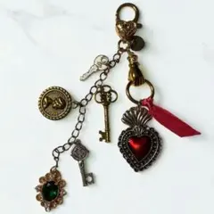 ハンドメイド 鍵 ハート型チャーム リボン キーリング