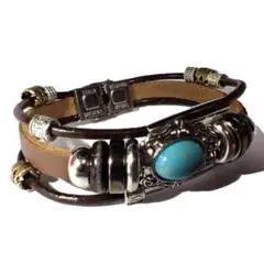⑧　三連　ターコイズブルー　レザーブレスレット　インディアン　茶色