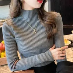 リブニット ハーフネック 長袖 トップス シンプル お洒落 グレー 韓国