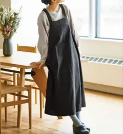 アンドマイラ【麻綿】エプロンジャンパースカート リネンワンピース Ｍ 黒 春夏秋のサムネイル