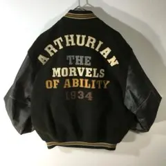 【個性派古着】日本製　スタジャン　袖牛革黒　豪華ワッペン　中綿入り　深緑　L