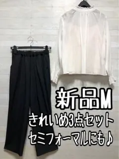 新品☆M透け感トップス＆インナー＆パンツ♪3点セットお出かけ・きれいめ◯D263