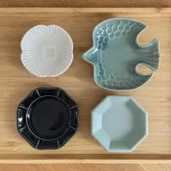 【新品4点】　美濃焼　鳥 プレート　八角 ドット 小鉢　花 小皿　花型 ネイビー