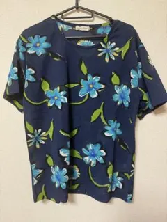 花柄Tシャツ カットソー 半袖 ネイビー ブルー グリーン
