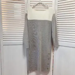 BEAMS HEART 長袖ニットワンピース アイボリー・グレー