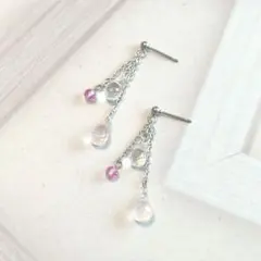 【1点もの☆サージカルステンレス】宝石質ローズクォーツ×水晶のピアス