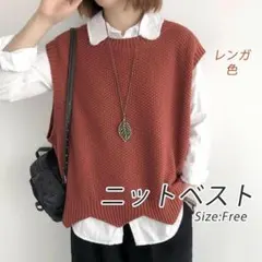 ニットベスト　レンガ色　フリーサイズ　シンプル　ゆったり　重ね着　着回し　お洒落