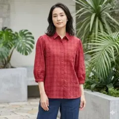 【美品】チェック柄 7分袖シャツ ブラウス レッド Mサイズ（綿・ポリエステル）