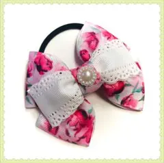 ヘアゴム　リボン　花柄　ピンク　レース　夏　浴衣　ハンドメイド♪