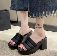 身長UP効果★韓流 チャンキーヒール ファッション ハイヒールサンダル