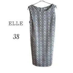 ELLE ワンピース ノースリーブ 総柄 幾何学柄 38 M 白 黒 ひざ丈