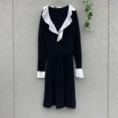 ZARA【ザラ】S♡長袖ニットワンピース ひざ丈 襟付き フリル 黒系