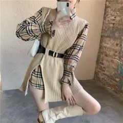 韓国デザイン♡話題沸騰中♡チェック柄シャツ+ニットベスト　2点セット