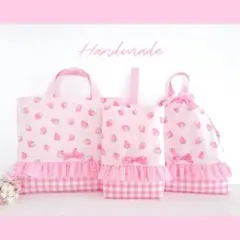 入園入学3点セット　いちご柄　ギンガムチェック　ピンク　女の子　ハンドメイド