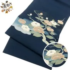 MO-3298 名古屋帯 椿の花模様 霞模様 金糸 濃藍色