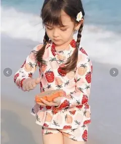 サマーセール✿120 女の子水着 ラッシュガード 帽子付き 長袖 フリル 3点