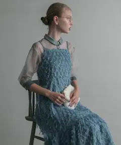 2wayパールボタンシアーブラウス＆フリンジキャミドレス ブルー