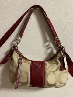COACH ミニショルダー ベージュ×赤 縦ライン