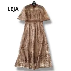 美品 レジャ スパンコール花柄刺繍Aラインワンピースドレス ブラウン S