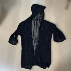 フード付き レース編みカーディガン　ブラック