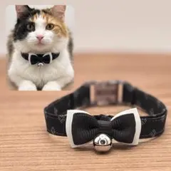 猫 首輪 和柄 黒小紋 モノトーン 鈴付き セーフティバックル ハンドメイド②
