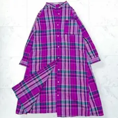 studio CLIP バンドカラー マドラスチェック ロングシャツワンピース