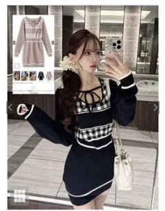 ギンガムチェック柄配色ラインニットミニワンピース[ru1353] Sサイズ