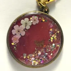 【A】レジンストラップ丸型④桃色和風花蝶々【セット割有】