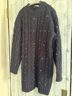 zara ネイビー ラインストーンドットニットワンピース