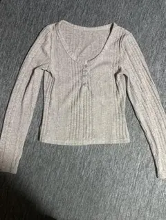 ベージュ リブ編み 長袖ニット S