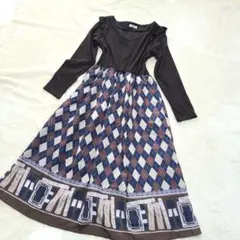 【美品】アクシーズファム　アーガイル柄長袖ニットワンピース　ブラウン