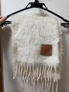LOEWE アイボリー ウール混紡 マフラー フリンジ付き