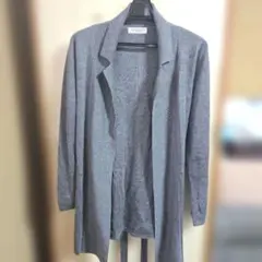 グレー ニット ロングカーディガン ウエストリボン付き
