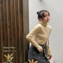 リブ ニットトップス タートルネック　ベージュ　レディース