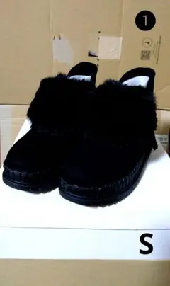 ❶厚底　ムートンブーツ　ショート　S　ファー付き　黒