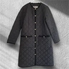トラディショナルウェザーウェア 黒コート ロング キルティング ノーカラー